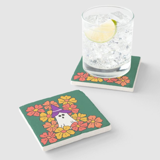 Cute Halloween Ghost Flower Field Stone Coaster (Side)