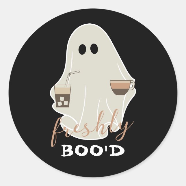 Cute Halloween Ghost | Freshly Boo'd Black Classic Round Sticker (Front)