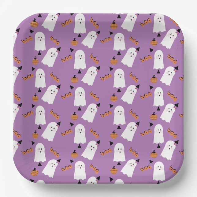 Cute Halloween Ghost Ghoul Orange Purple Confetti  Paper Plate (Front)