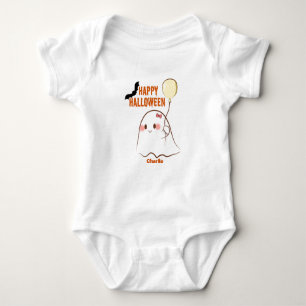 Cute Halloween Ghost Holding Balloon Girl's Name  Baby Bodysuit