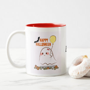 Cute Halloween Ghost Holding Balloon Two-Tone Coffee Mug