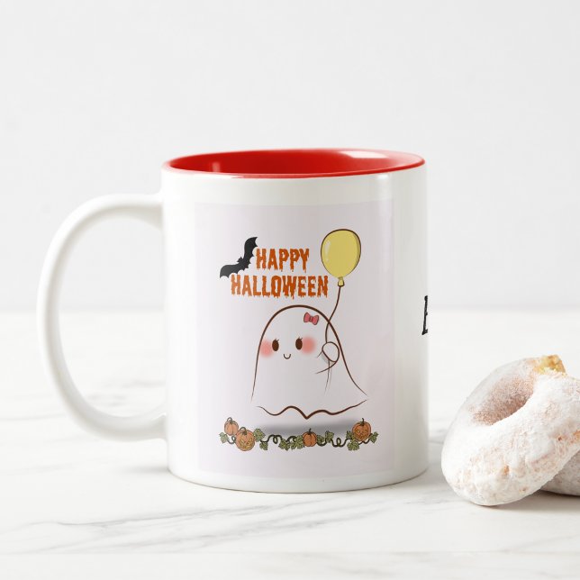 Cute Halloween Ghost Holding Balloon Two-Tone Coffee Mug (Creator Uploaded)