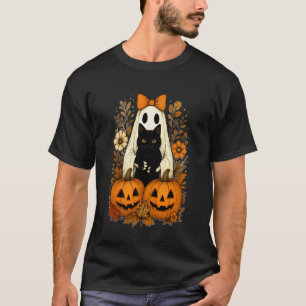 Cute Halloween Ghost Holding Black Cat Autumn Groo T-Shirt