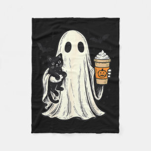 Cute Halloween Ghost Holding Black Cat Fall Coffee Fleece Blanket
