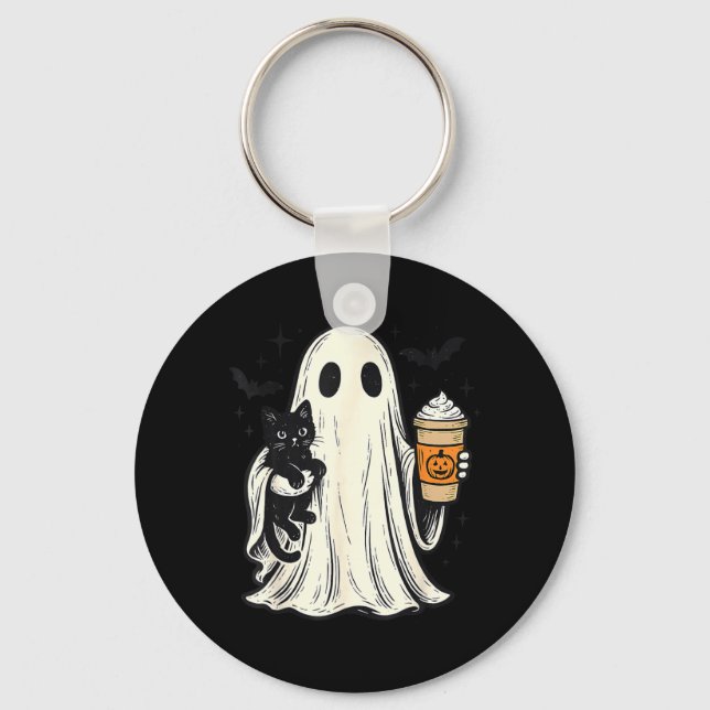 Cute Halloween Ghost Holding Black Cat Fall Coffee Key Ring (Front)