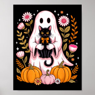 Cute Halloween Ghost Holding Black Cat Vintage Poster