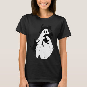 Cute Halloween Ghost Holding Three Black Cats T-Shirt