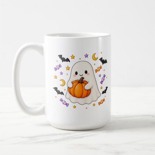 Cute Halloween Ghost Hugging Pumpkin Mug (Left)