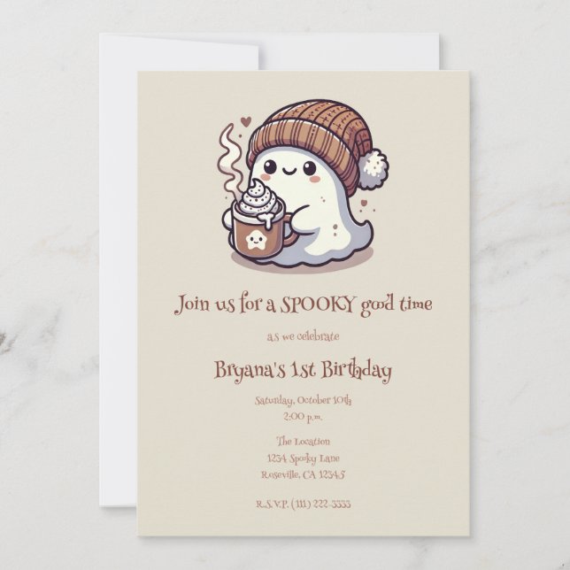 Cute Halloween Ghost in Fall Beanie & Hot Cocoa  Invitation (Front)