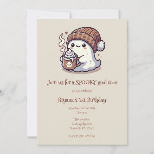 Cute Halloween Ghost in Fall Beanie & Hot Cocoa Invitation