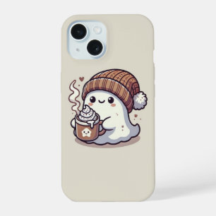 Cute Halloween Ghost in Fall Beanie & Hot Cocoa iPhone 15 Case