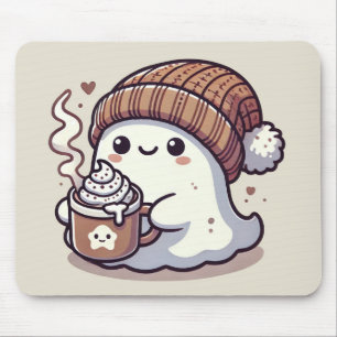 Cute Halloween Ghost in Fall Beanie & Hot Cocoa Mouse Pad