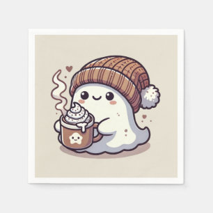Cute Halloween Ghost in Fall Beanie & Hot Cocoa Napkin