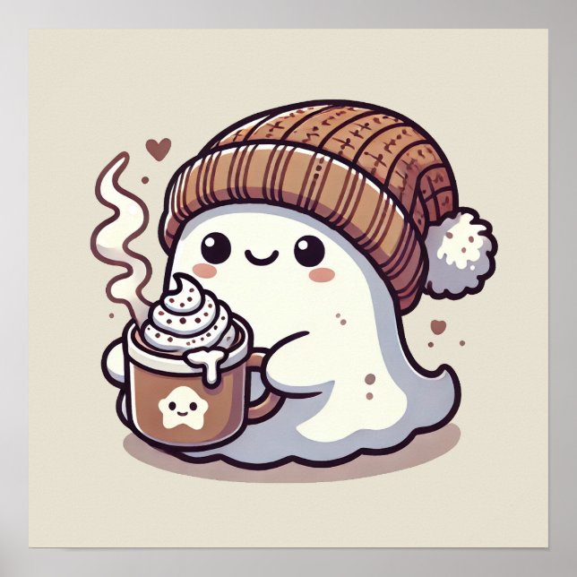 Cute Halloween Ghost in Fall Beanie & Hot Cocoa Poster (Front)
