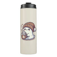 Cute Halloween Ghost in Fall Beanie & Hot Cocoa