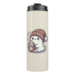 Cute Halloween Ghost in Fall Beanie & Hot Cocoa Thermal Tumbler