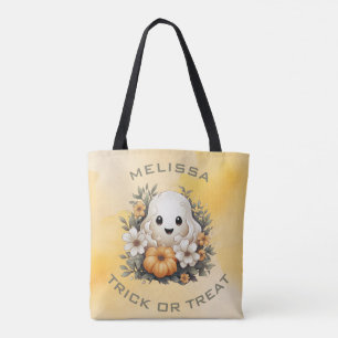 Cute Halloween Ghost in Flower Patch with Pumpkin Tote Bag