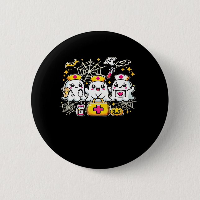 Cute Halloween Ghost Nurse Trio with Medical Kit a 6 Cm Round Badge (Front)