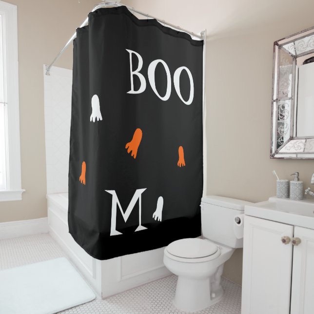 Cute Halloween Ghost Orange Black Personalised Shower Curtain (In Situ)