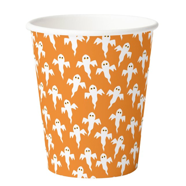 Cute Halloween Ghost Orange Paper Cups (Fun Halloween ghosts orange pattern party paper cups)