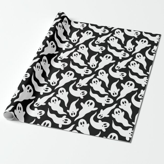 Cute Halloween Ghost Pattern Black and White Wrapping Paper (Unrolled)