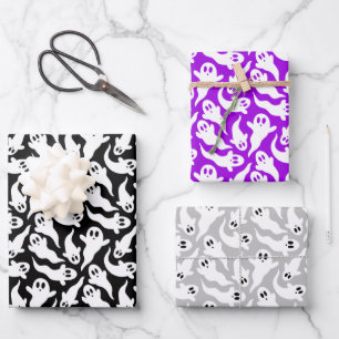 Cute Halloween Ghost Pattern Black Gray Purple Wrapping Paper Sheet