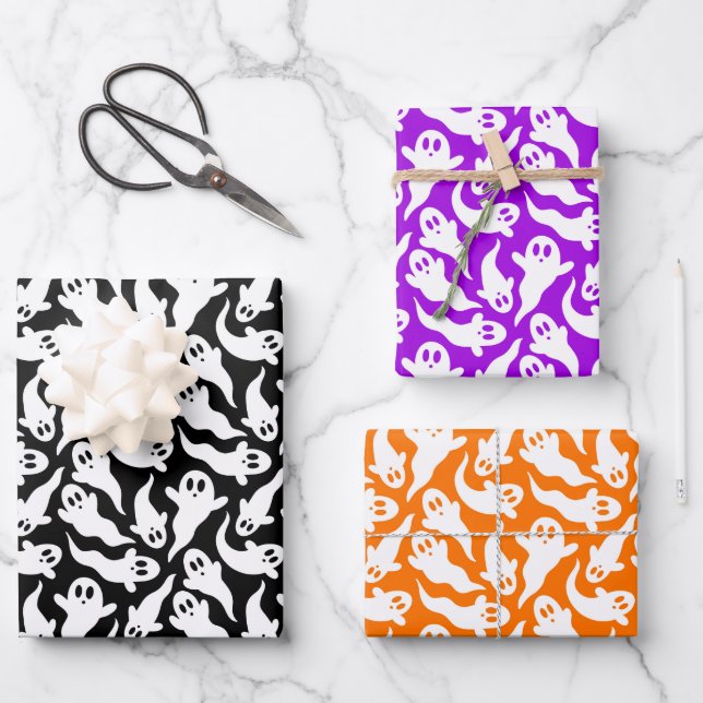 Cute Halloween Ghost Pattern Orange Black Purple Wrapping Paper Sheet (Front)