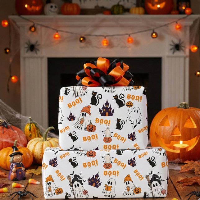 Cute Halloween Ghost Pattern – Spooky Black Cats Wrapping Paper (Creator Uploaded)