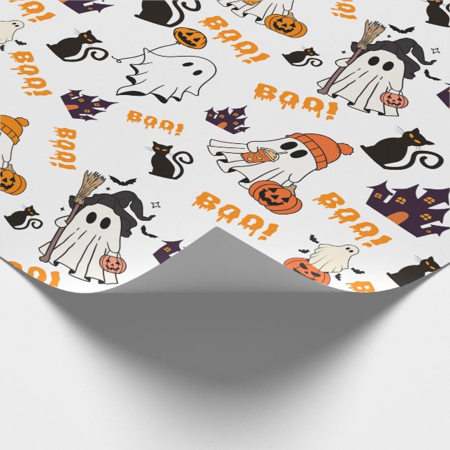 Cute Halloween Ghost Pattern – Spooky Black Cats Wrapping Paper (Corner)