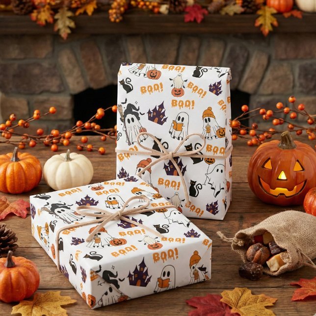 Cute Halloween Ghost Pattern – Spooky Black Cats Wrapping Paper Sheet (Creator Uploaded)