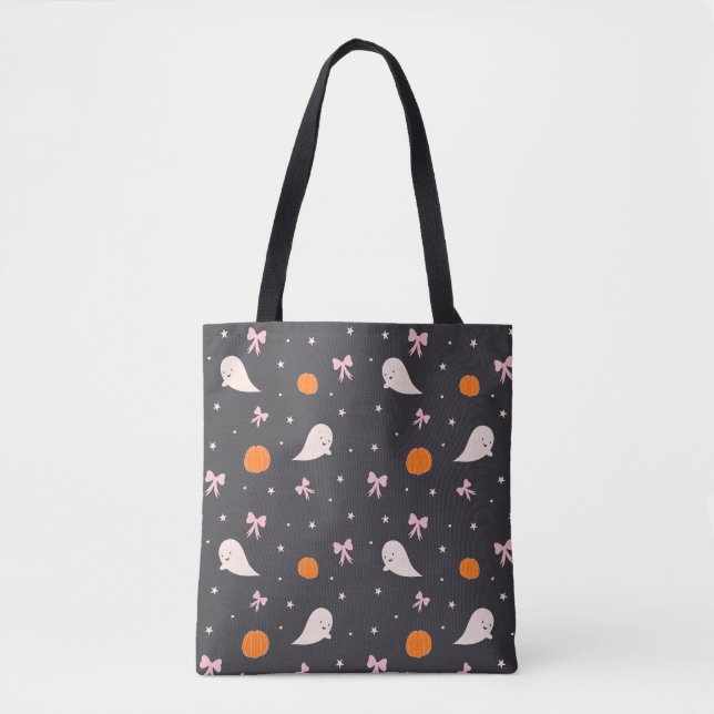 Cute Halloween Ghost Pattern Tote Bag | Black (Front)