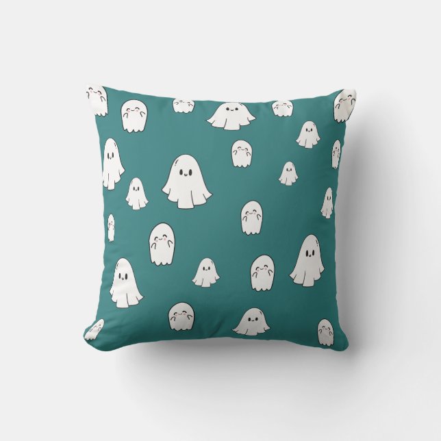 Cute Halloween ghost patterns in a cyan coloured Cushion (Front)