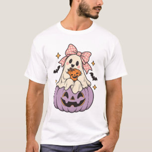 Cute Halloween Ghost Pink Bow Pastel Pumpkins T-Shirt