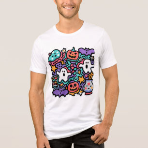 Cute Halloween Ghost & Pumpkin Cartoon Doodle T-Sh Tri-Blend Shirt