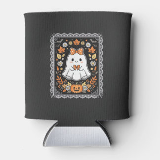 Cute Halloween Ghost Pumpkin Floral T-Shirt Design Can Cooler