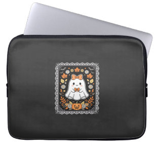 Cute Halloween Ghost Pumpkin Floral T-Shirt Design Laptop Sleeve