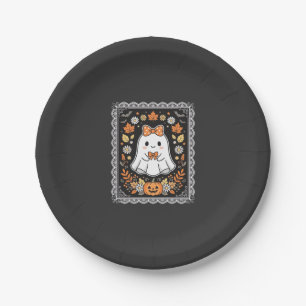 Cute Halloween Ghost Pumpkin Floral T-Shirt Design Paper Plate