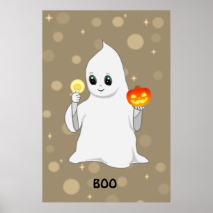 Cute Halloween Ghost & Pumpkin on Beige Poster