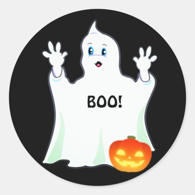 Cute Halloween Ghost & Pumpkin on Black Classic Round Sticker (Front)