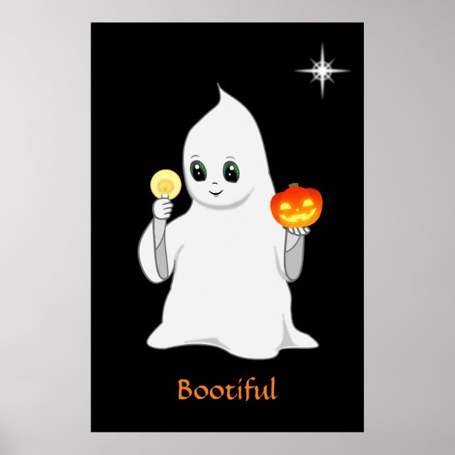 Cute Halloween Ghost & Pumpkin on Black Poster (Front)