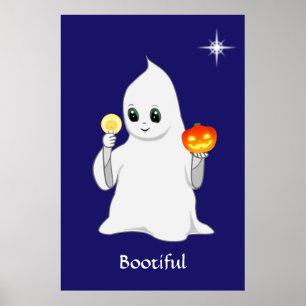 Cute Halloween Ghost & Pumpkin on Navy Blue Poster