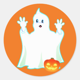 Cute Halloween Ghost & Pumpkin on Orange Classic R Classic Round Sticker