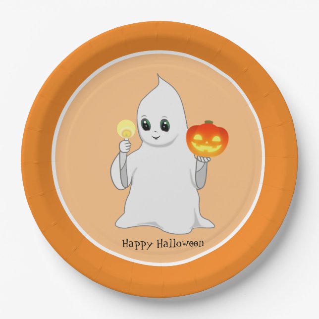 Cute Halloween Ghost & Pumpkin on Orange Paper Plate (Front)
