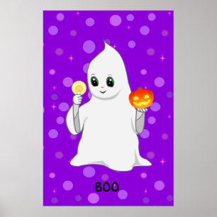 Cute Halloween Ghost & Pumpkin on Purple Poster