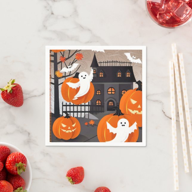 Cute Halloween Ghost & Pumpkin Party Decor Napkin (Insitu)