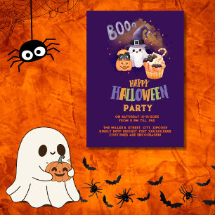 cute Halloween Ghost & Pumpkin purple party Invitation