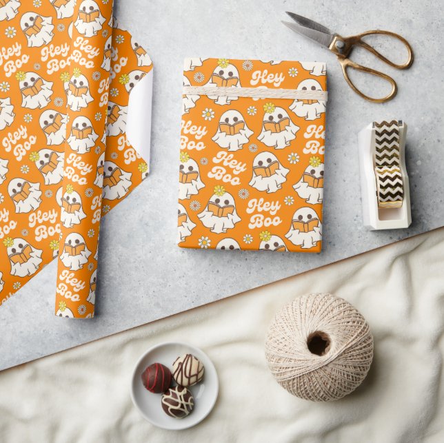 Cute Halloween Ghost Retro Spooky Boo Orange Wrapping Paper (Crafts)