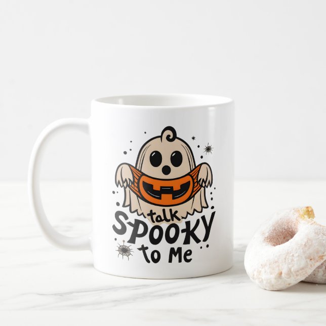 Cute Halloween Ghost Retro : Talk Spooky To Me Coffee Mug (With Donut)
