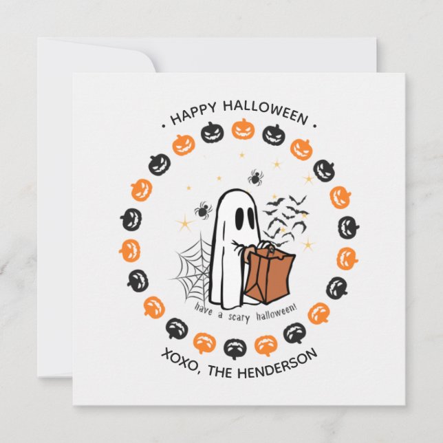 Cute Halloween Ghost Round Sticker Trick or Treat Invitation (Front)