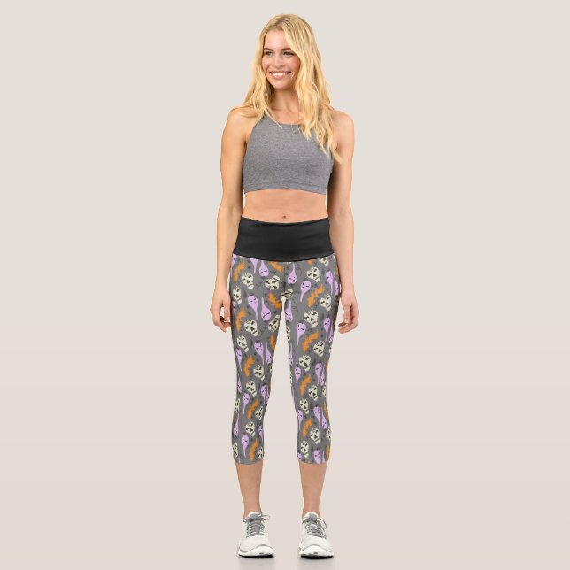 Cute Halloween Ghost Skull Bat Pattern Yoga Capri Leggings (Front)